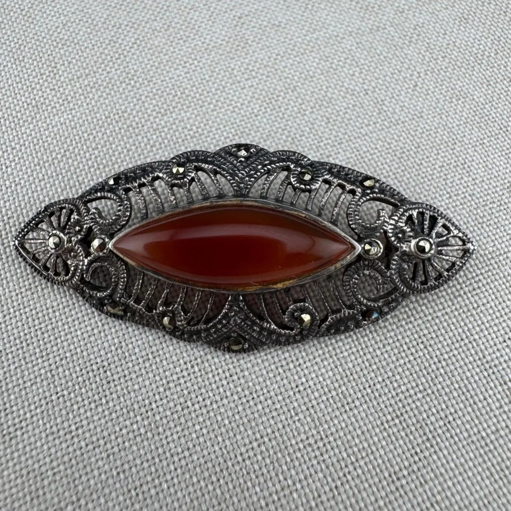 Vintage Sterling Silver Brooch Art Deco Pin 925 Carnelian Filigree